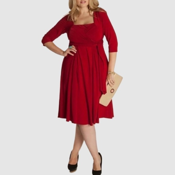 IGIGI Designers A-Line Dress Size 18/20 Red 3/4 Sleeve Pockets Square Neck NWOT - Picture 1 of 11